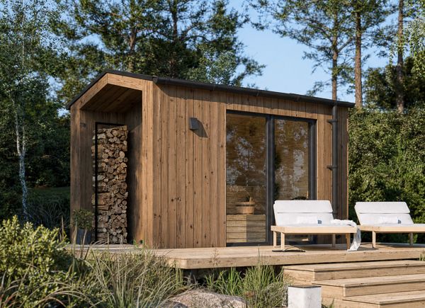 Sauna drewniana SERENE 1 z gankiem (ThermoWood) – 3,3×2,5 m, 6,25 m² thumbnail 1