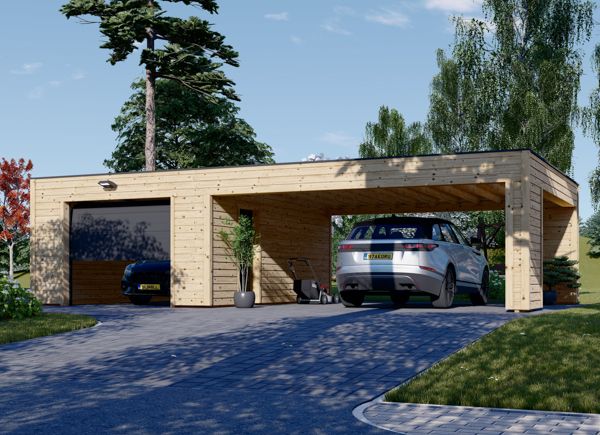 Garaż drewniany SILVIA F (34 mm + elewacja) 4x6 m, z wiatą 6x6 m avp.ui.product_images.thumbnail 1