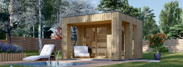 Sauna ogrodowa zewnętrzna DELLA (34 mm + elewacja), 3,6 x 2,1 m, 5,5 m², taras 5 m²