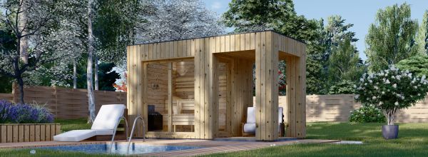 Sauna ogrodowa zewnętrzna DELLA (34 mm + elewacja), 2,6 x 2,1 m, 3,8 m², taras 3 m²
