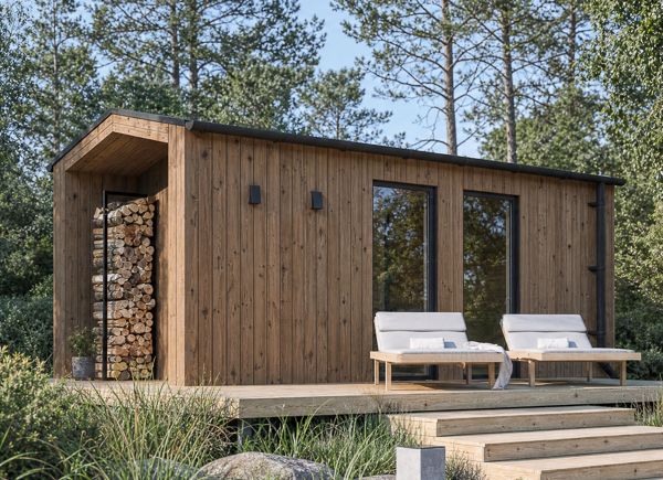 Sauna drewniana SERENE 3 z przebieralnią i gankiem (ThermoWood) – 5,3×2,5 m, 10,65 m² thumbnail 1