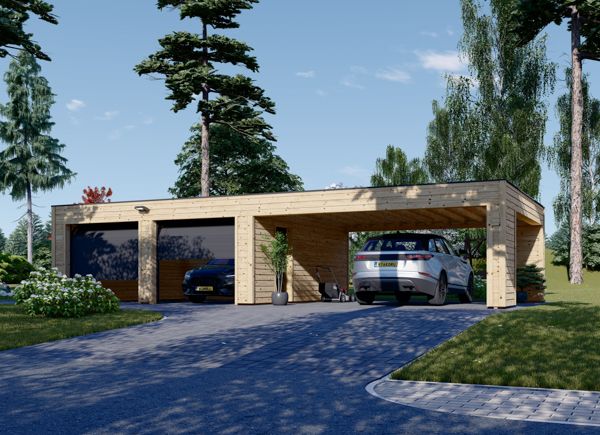 Garaż drewniany dwustanowiskowy SILVIA F (34 mm + elewacja) 6x6 m, z wiatą 6x6 m avp.ui.product_images.thumbnail 1