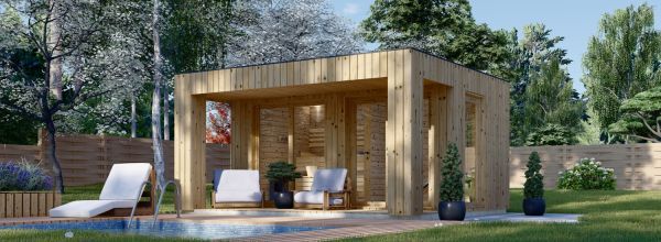 Sauna ogrodowa zewnętrzna DELLA (34 mm + elewacja), 4,6 x 2,6 m, 9,3 m², taras 6,7 m²