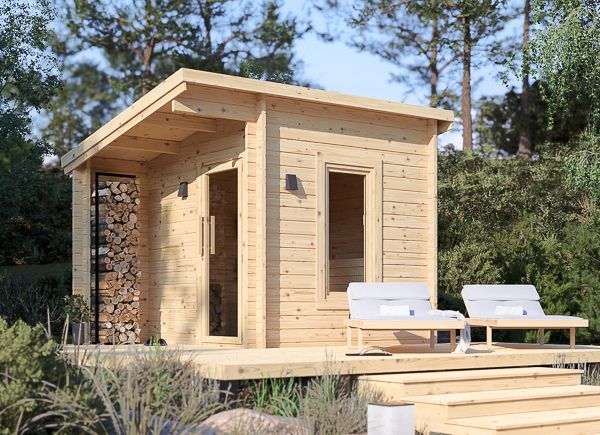 Sauna drewniana VIGOR 1 z gankiem (bal lity) – 3,3×2,5 m, 6,65 m² thumbnail 1