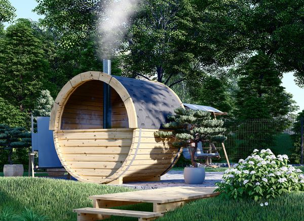 Sauna ogrodowa beczka HELGA 17 (46 mm), 1.7 m, ⌀ 1.97 m z oknem panoramicznym (połowa wysokośći) avp.ui.product_images.thumbnail 1