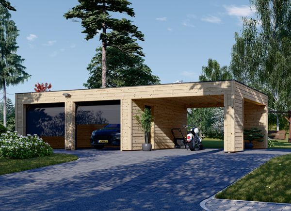 Garaż drewniany dwustanowiskowy SILVIA F (34 mm + elewacja) 6x6 m, z wiatą 4x6 m avp.ui.product_images.thumbnail 1