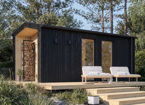 Sauna drewniana SERENE 3 z przebieralnią i gankiem (drewno opalane + naturalna sosna) – 5,3×2,5 m, 10,65 m² thumbnail 1