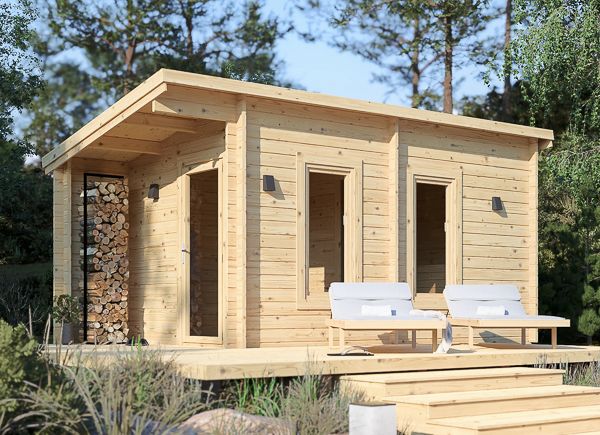Sauna drewniana VIGOR 3 z przebieralnią i gankiem (bal lity) – 5,3×2,5 m, 10,95 m² thumbnail 1