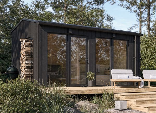 Sauna drewniana SERENE 2 z przebieralnią (drewno opalane) – 4,5×2,5 m, 9,35 m² thumbnail 1