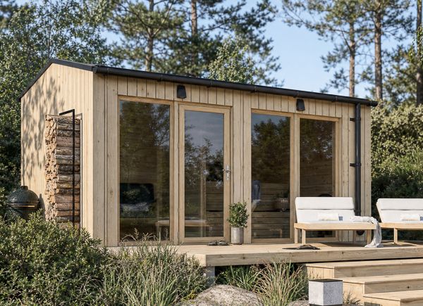 Sauna drewniana SERENE 2 z przebieralnią (naturalna sosna) – 4,5×2,5 m, 9,35 m² thumbnail 1