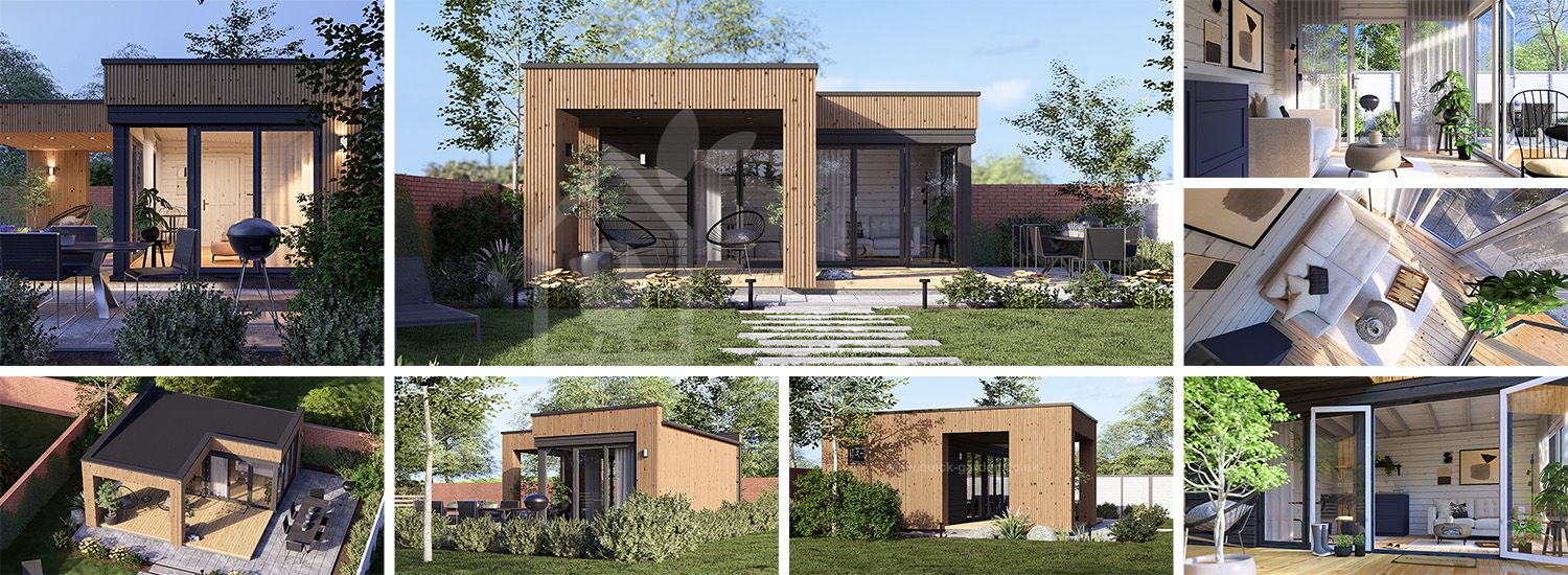 Domek ogrodowy drewniany INES PLUS z tarasem w kształcie litery L (34 mm + elewacja), 6x6 m, 36 m² visualization 1