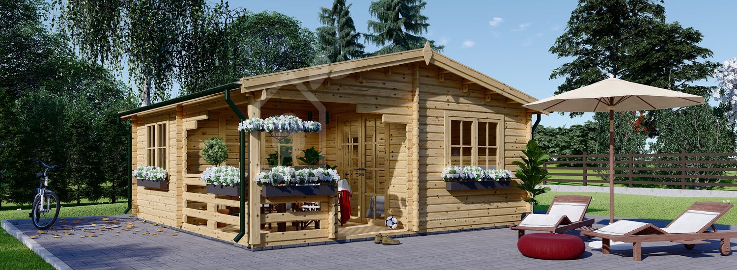 Domek letniskowy drewniany OLIVIA (44 mm), 6x6 m, 27 m² - z tarasem 8 m² visualization 1