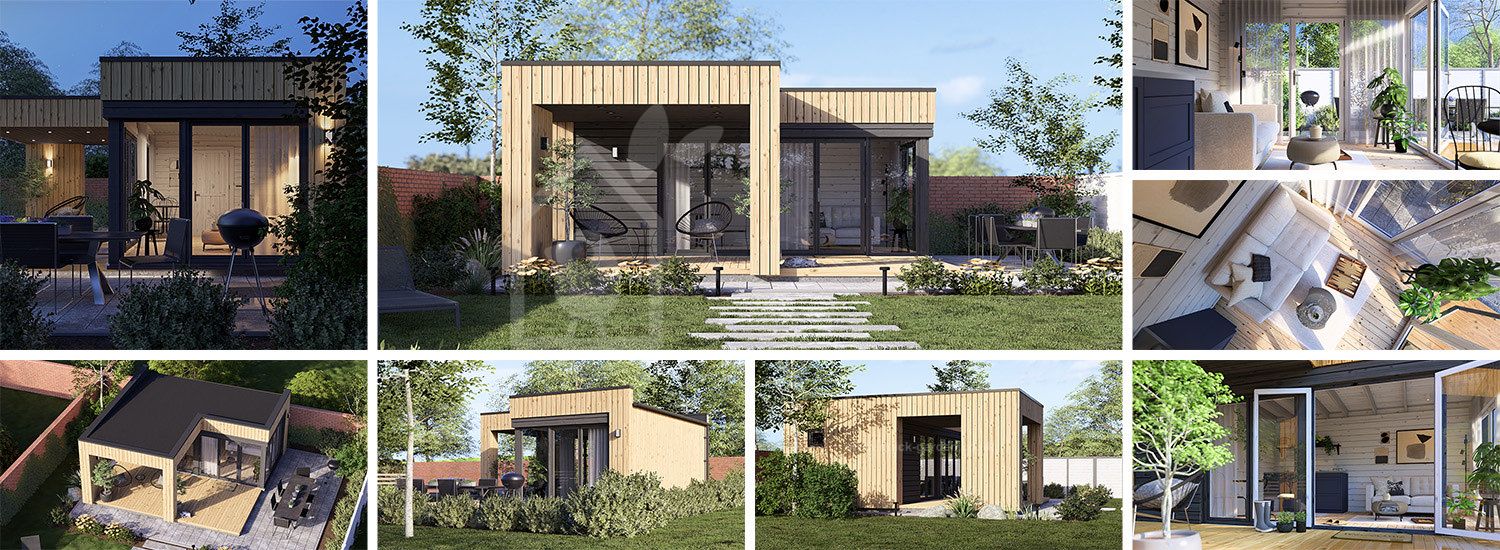 Domek ogrodowy drewniany INES PLUS z tarasem w kształcie litery L (34 mm + elewacja), 6x6 m, 36 m² visualization 1