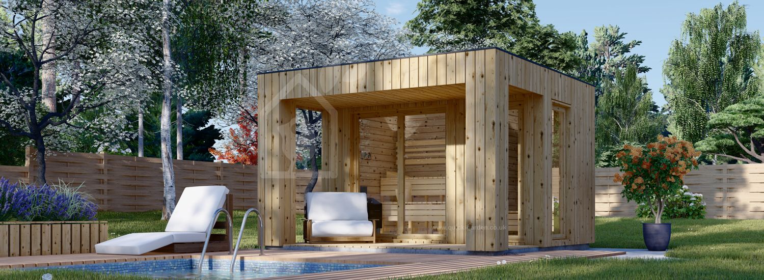 Sauna ogrodowa zewnętrzna DELLA (34 mm + elewacja), 3,6 x 2,1 m, 5,5 m², taras 5 m² visualization 1