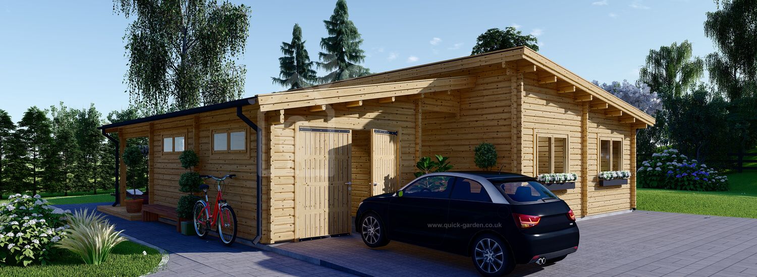 Dom drewniany letniskowy BERTA F (66 mm), 72 m² - z tarasem 18 m² i z garażem 20 m² visualization 1