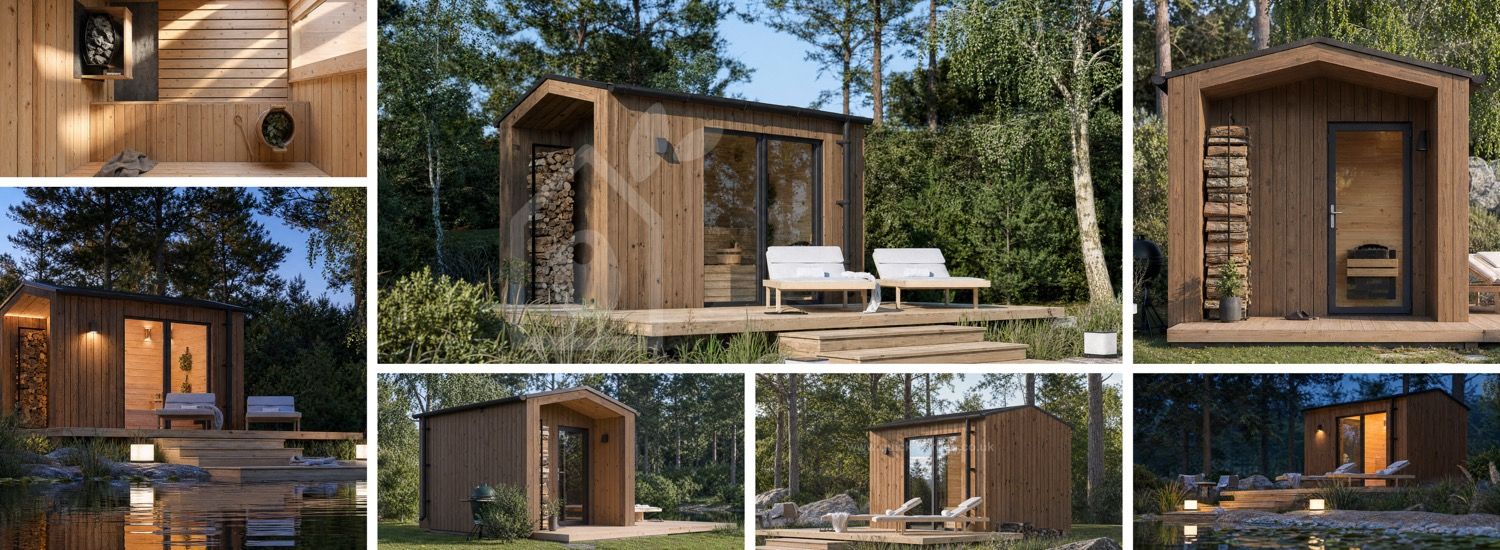 Sauna drewniana SERENE 1 z gankiem (ThermoWood) – 3,3×2,5 m, 6,25 m² visualization 1