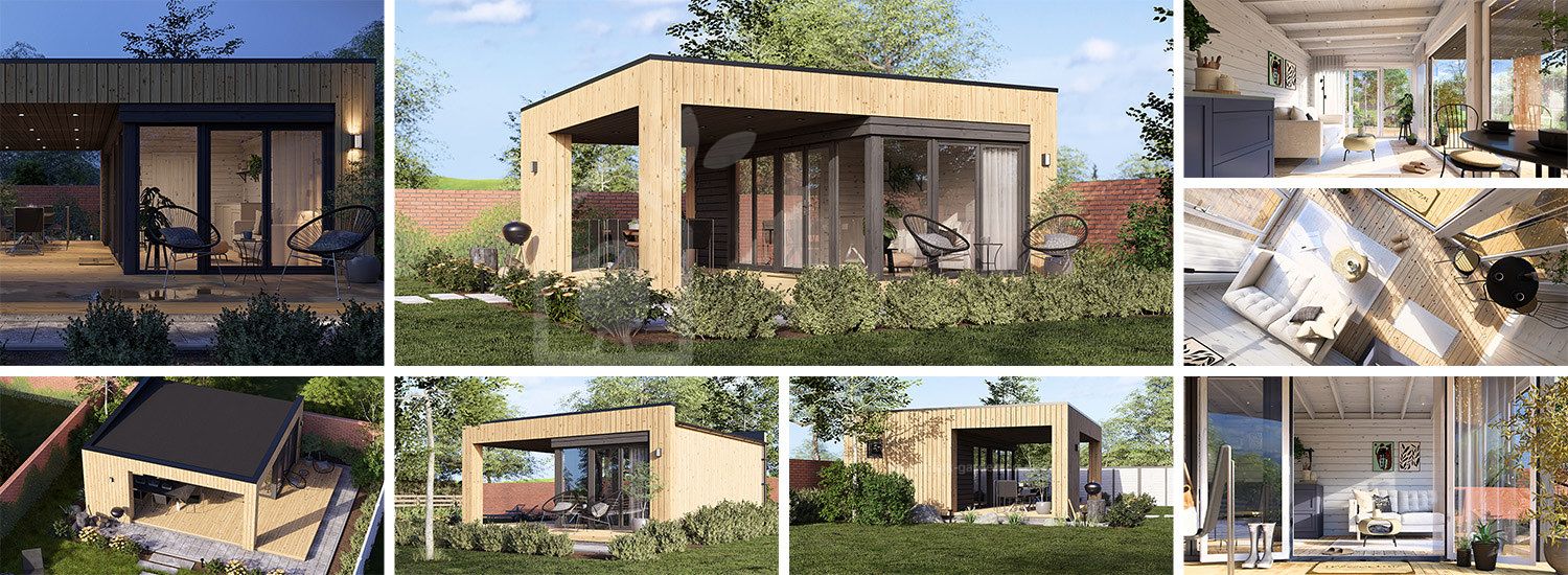 Domek ogrodowy drewniany INES PLUS z frontowym tarasem (34 mm + elewacja, z izolacją), 6x6 m, 36 m² visualization 1