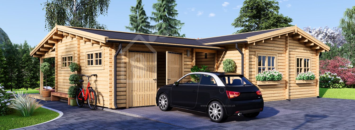 Dom drewniany letniskowy BERTA (44+44 mm), 72 m² - z tarasem 18 m² i z garażem 20 m² visualization 1