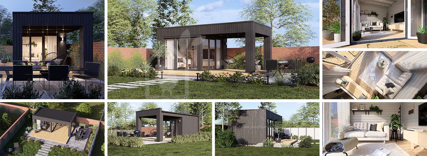 Domek ogrodowy drewniany INES z tarasem (34 mm + elewacja, z izolacją), 6x3 m, 18 m² visualization 1