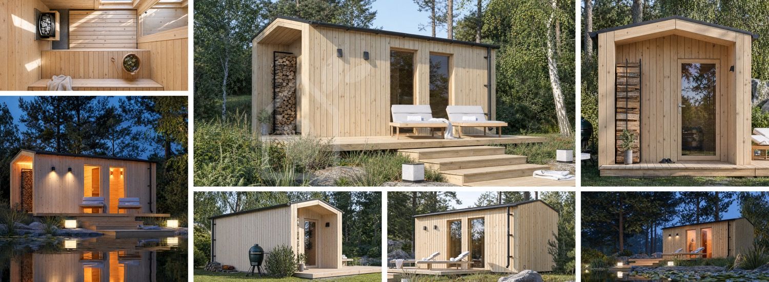 Sauna drewniana SERENE 3 z przebieralnią i gankiem (naturalna sosna) – 5,3×2,5 m, 10,65 m² visualization 1