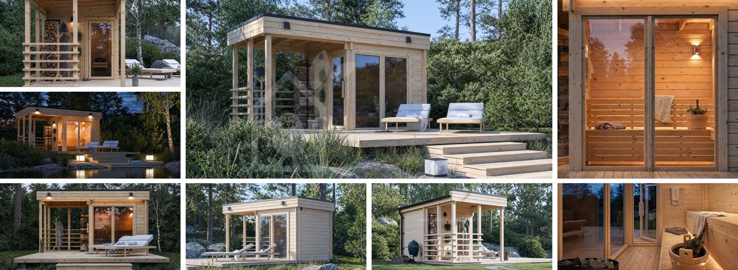Sauna drewniana FREJA z zadaszonym tarasem (bal lity) – 4,5×2,5 m, 9,15 m² visualization 1