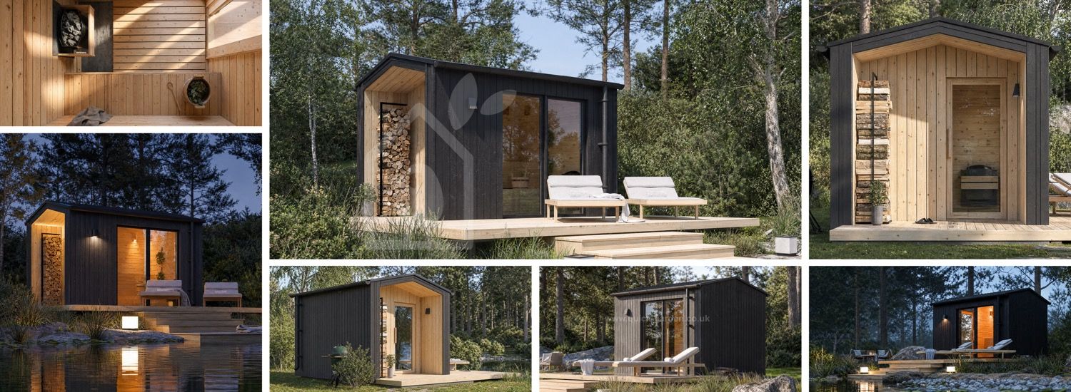 Sauna drewniana SERENE 1 z gankiem (drewno opalane + naturalna sosna) – 3,3×2,5 m, 6,25 m² visualization 1