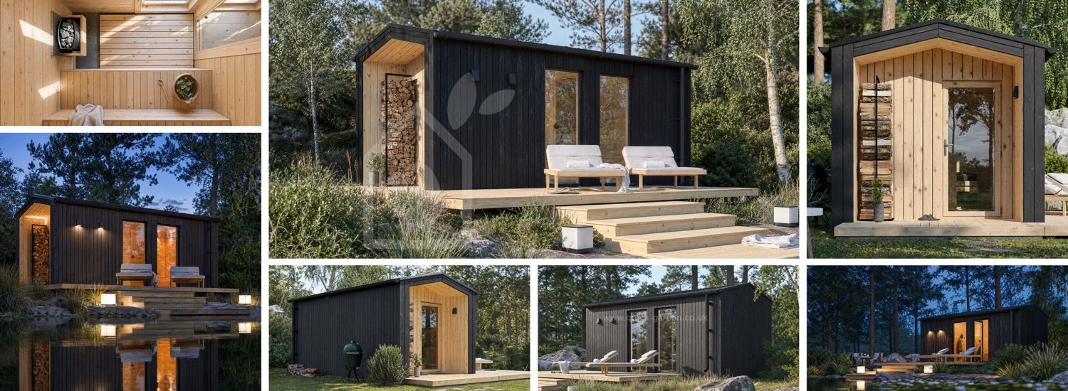 Sauna drewniana SERENE 3 z przebieralnią i gankiem (drewno opalane + naturalna sosna) – 5,3×2,5 m, 10,65 m² visualization 1