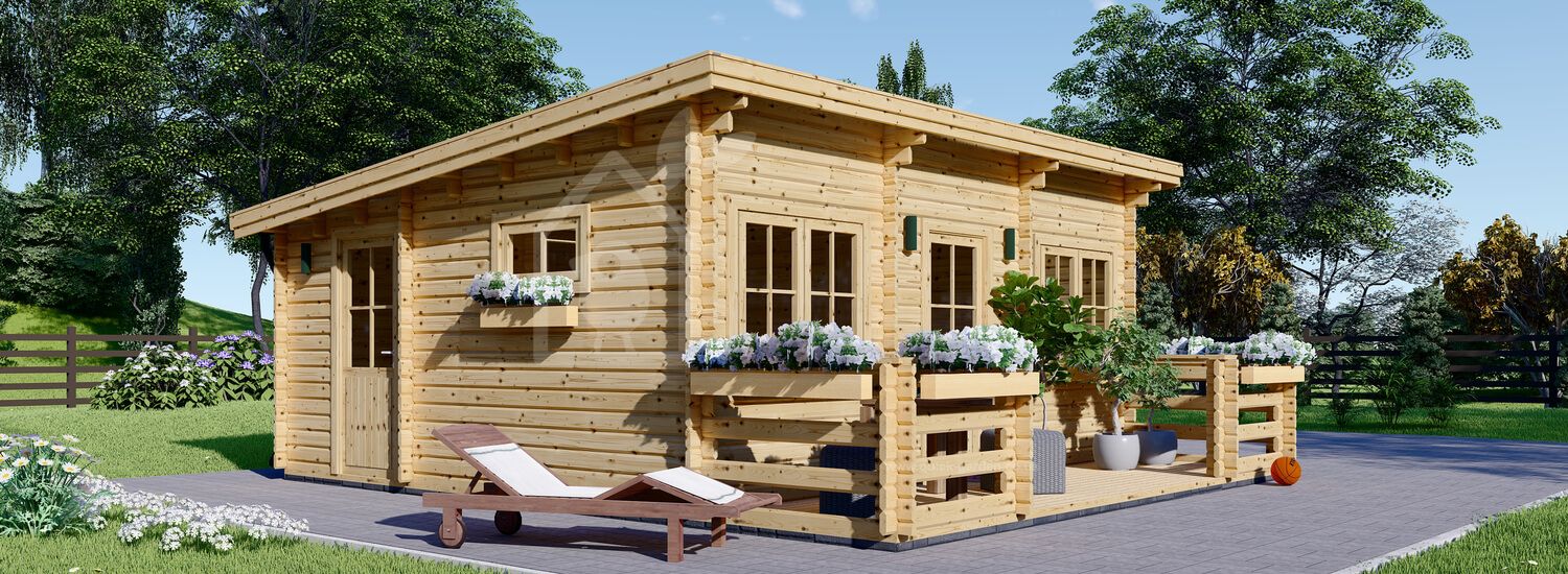 Domek letniskowy drewniany ALTURA F (44 mm), 31 m² - z tarasem 8 m² visualization 1