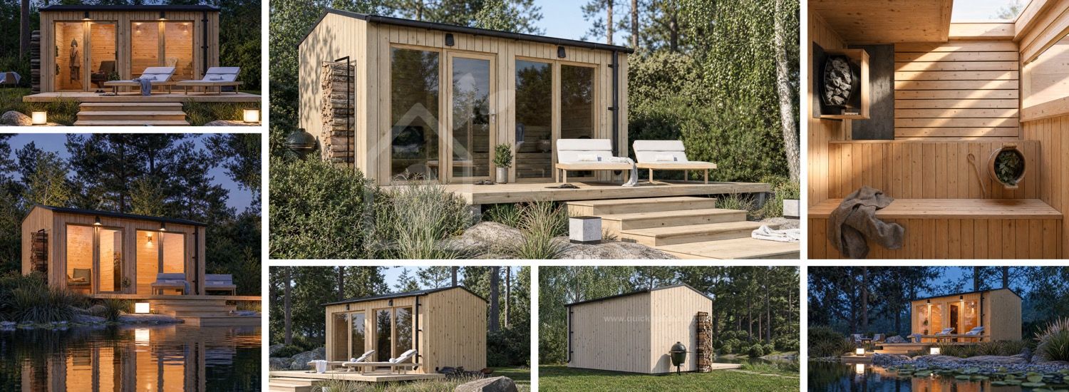 Sauna drewniana SERENE 2 z przebieralnią (naturalna sosna) – 4,5×2,5 m, 9,35 m² visualization 1