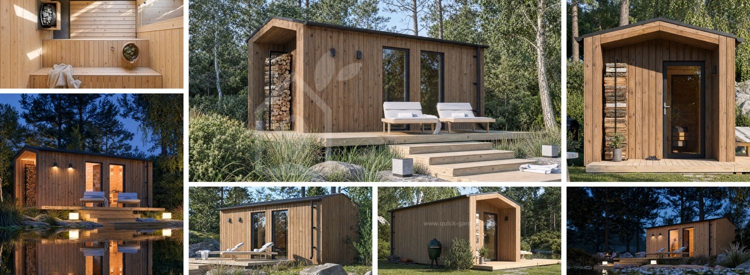 Sauna drewniana SERENE 3 z przebieralnią i gankiem (ThermoWood) – 5,3×2,5 m, 10,65 m² visualization 1