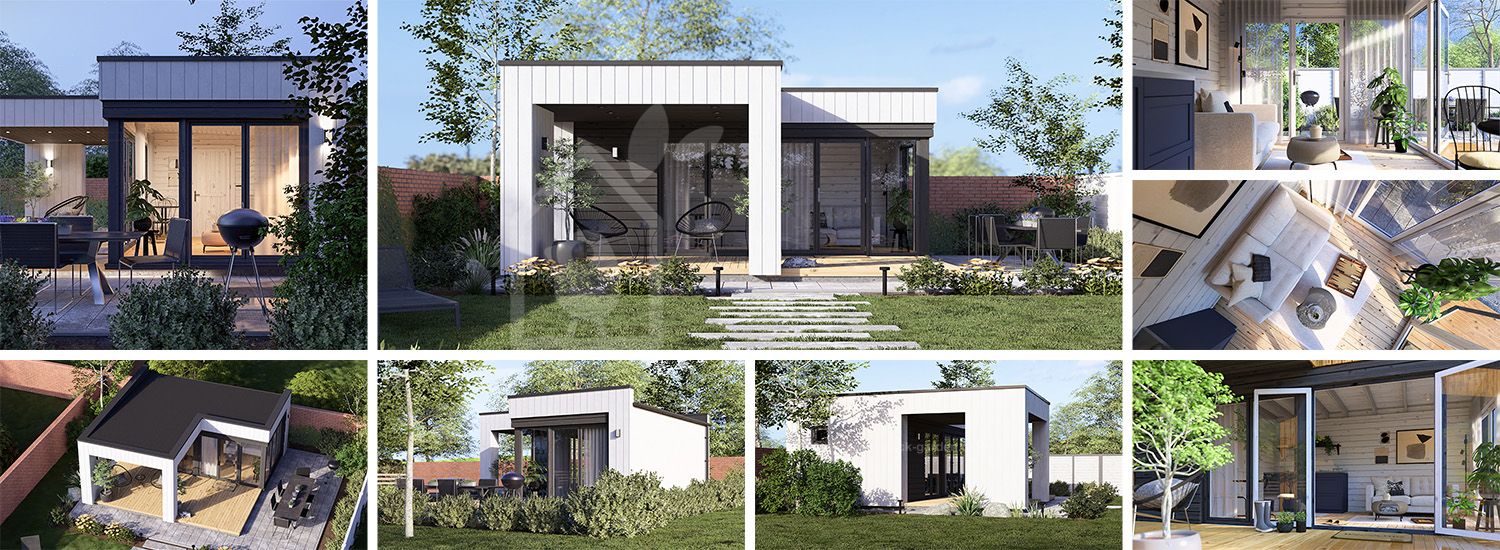 Domek ogrodowy drewniany INES PLUS z tarasem w kształcie litery L (34 mm + elewacja, z izolacją), 6x6 m, 36 m² visualization 1