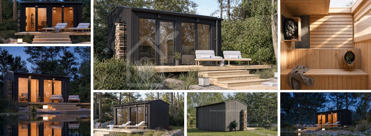 Sauna drewniana SERENE 2 z przebieralnią (drewno opalane) – 4,5×2,5 m, 9,35 m² visualization 1