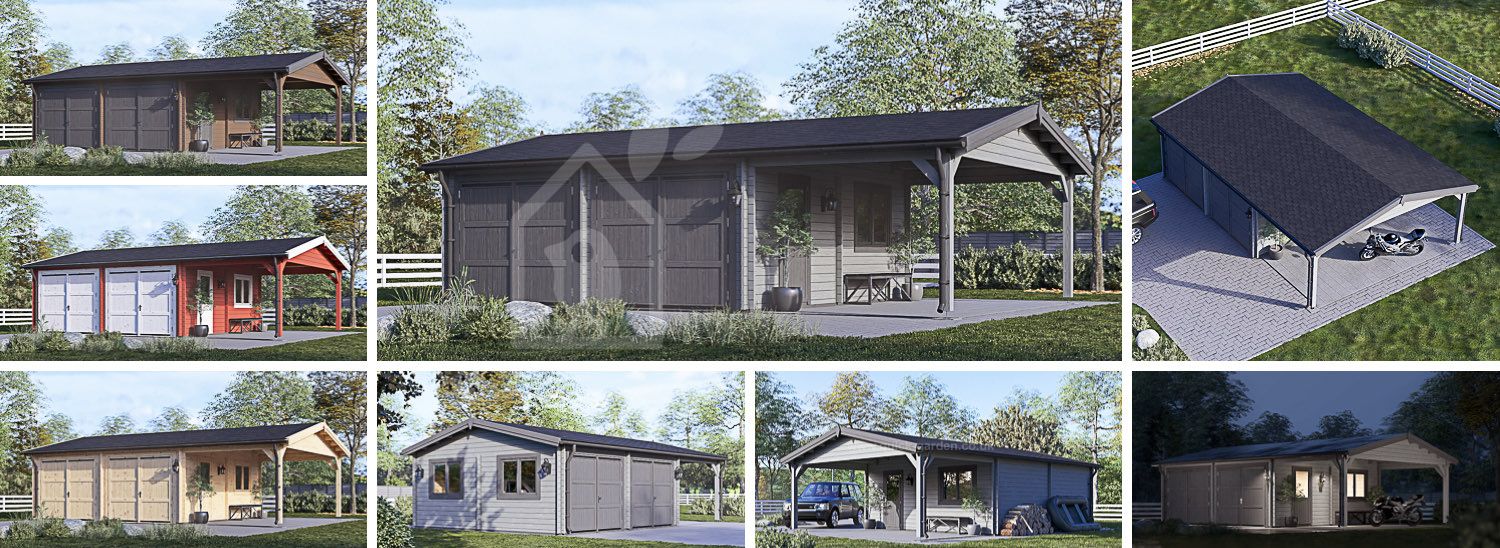 Garaż drewniany dwustanowiskowy MULTI (44 mm) 6x6 m, z wiatą 3x6 m visualization 1