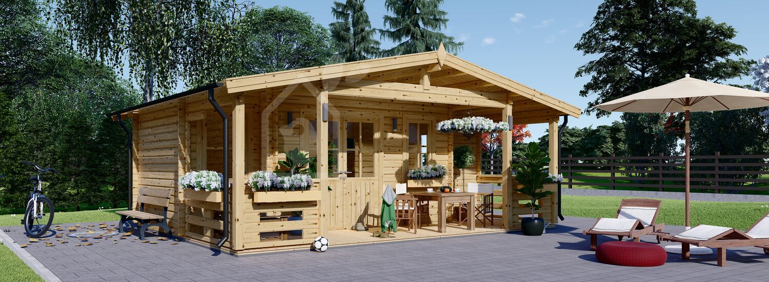 Domek ogrodowy drewniany PARIS (44 mm), 6,7x5,7 m, 21 m² - z tarasem 11 m² visualization 1