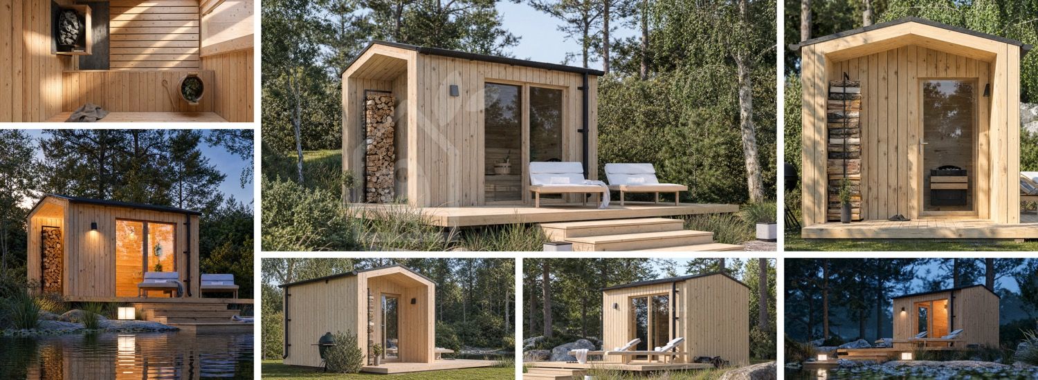 Sauna drewniana SERENE 1 z gankiem (naturalna sosna) – 3,3×2,5 m, 6,25 m² visualization 1