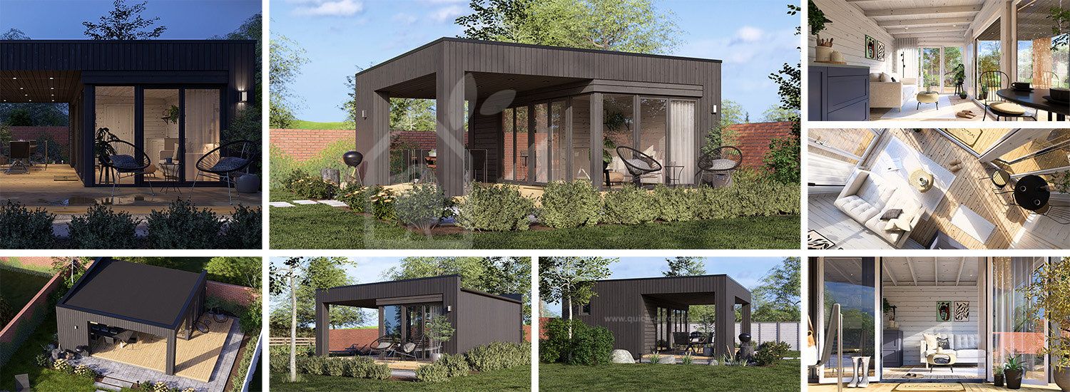 Domek ogrodowy drewniany INES PLUS z frontowym tarasem (34 mm + elewacja), 6x6 m, 36 m² visualization 1